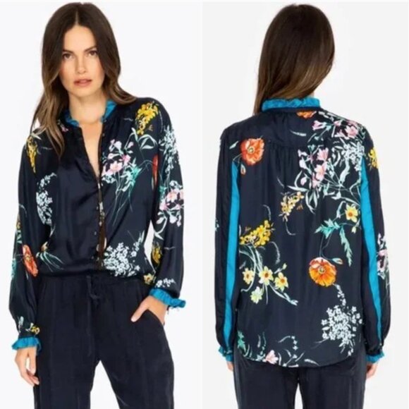 Johnny Was Bellisima 100% Silk Navy Floral Long Sleeve Blouse - Picture 1 of 11
